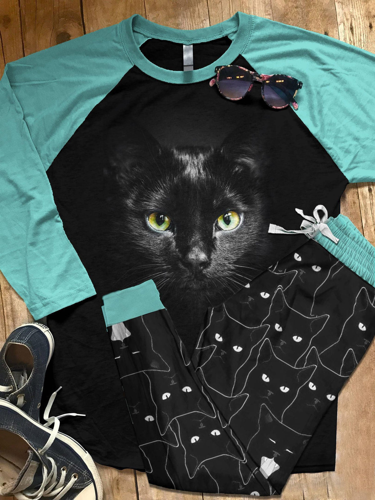 Black Cat Set Eyes Pajama Set |Sleepwear Pjs Sets | Raglan Shirt Pants Set
