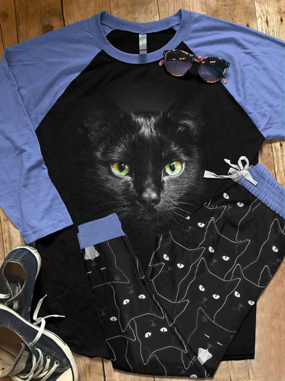 Black Cat Set Eyes Pajama Set |Sleepwear Pjs Sets | Raglan Shirt Pants Set