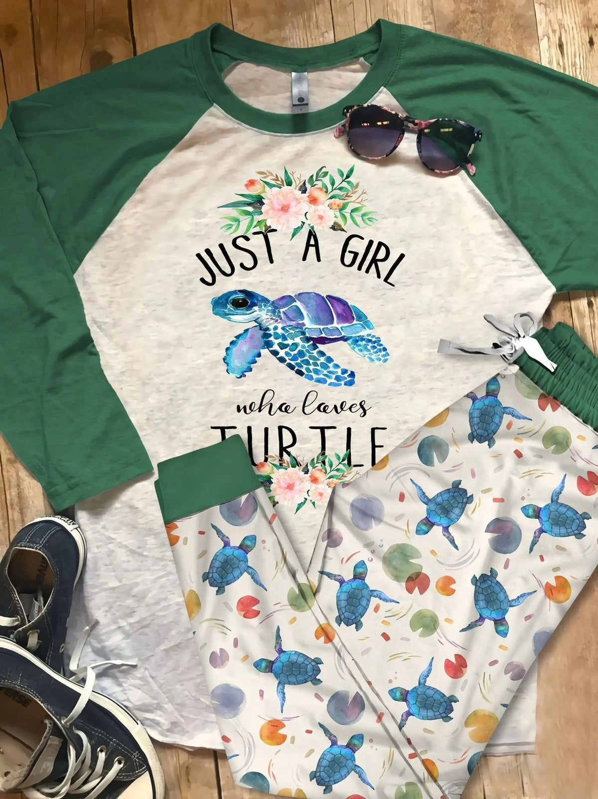 Sea Turtle Love Green Unique Pajama Set |Sleepwear Pjs Sets | Raglan Shirt Pants Set