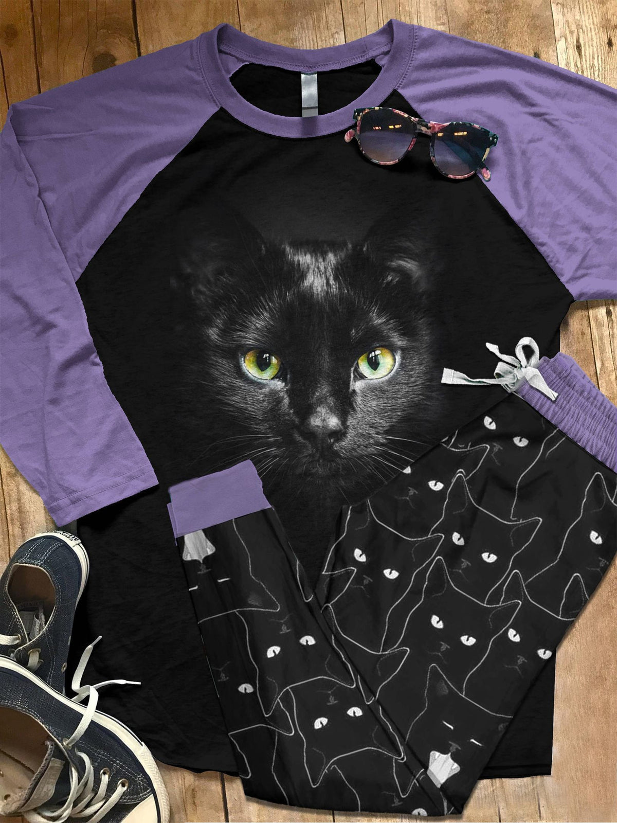 Black Cat Set Eyes Pajama Set |Sleepwear Pjs Sets | Raglan Shirt Pants Set