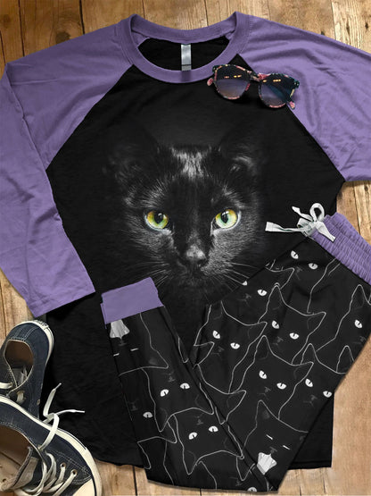 Black Cat Set Eyes Pajama Set |Sleepwear Pjs Sets | Raglan Shirt Pants Set