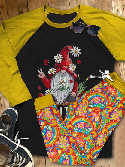 Hippie Set Let It Be Gnome Collection Pajama Set |Sleepwear Pjs Sets | Raglan Shirt Pants Set
