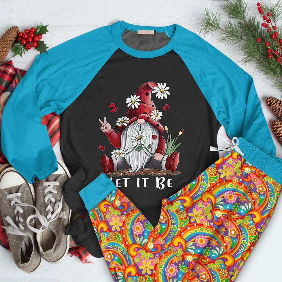 Hippie Set Let It Be Gnome Collection Pajama Set |Sleepwear Pjs Sets | Raglan Shirt Pants Set