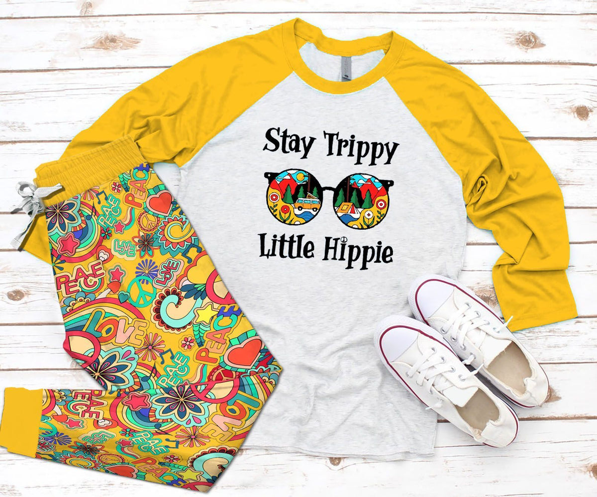 Hippie Stay Trippy Little Hippie Pajama Set |Sleepwear Pjs Sets | Raglan Shirt Pants Set