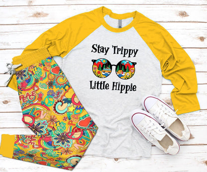 Hippie Stay Trippy Little Hippie Pajama Set |Sleepwear Pjs Sets | Raglan Shirt Pants Set