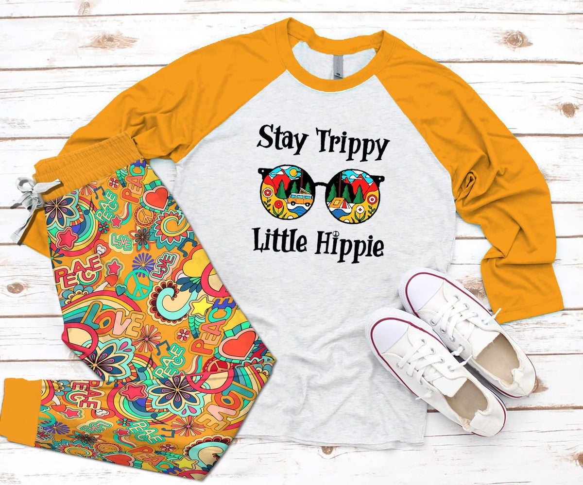 Hippie Stay Trippy Little Hippie Pajama Set |Sleepwear Pjs Sets | Raglan Shirt Pants Set