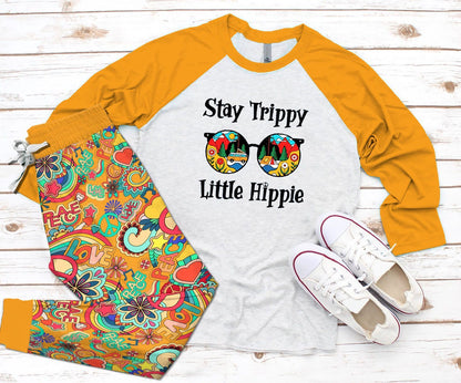 Hippie Stay Trippy Little Hippie Pajama Set |Sleepwear Pjs Sets | Raglan Shirt Pants Set