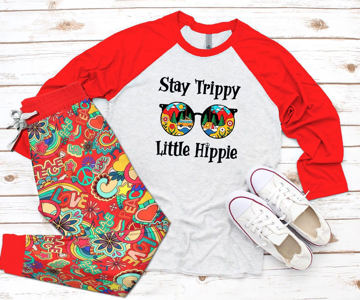 Hippie Stay Trippy Little Hippie Pajama Set |Sleepwear Pjs Sets | Raglan Shirt Pants Set