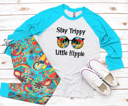 Hippie Stay Trippy Little Hippie Pajama Set |Sleepwear Pjs Sets | Raglan Shirt Pants Set