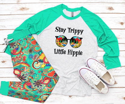 Hippie Stay Trippy Little Hippie Pajama Set |Sleepwear Pjs Sets | Raglan Shirt Pants Set