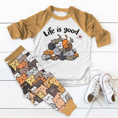 Cat Life Is Good Pajama Set |Sleepwear Pjs Sets | Raglan Shirt Pants Set