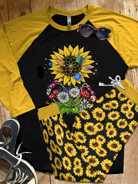 Hippie Styles Hippie Sunflower Yellow Best Pajama Set |Sleepwear Pjs Sets | Raglan Shirt Pants Set