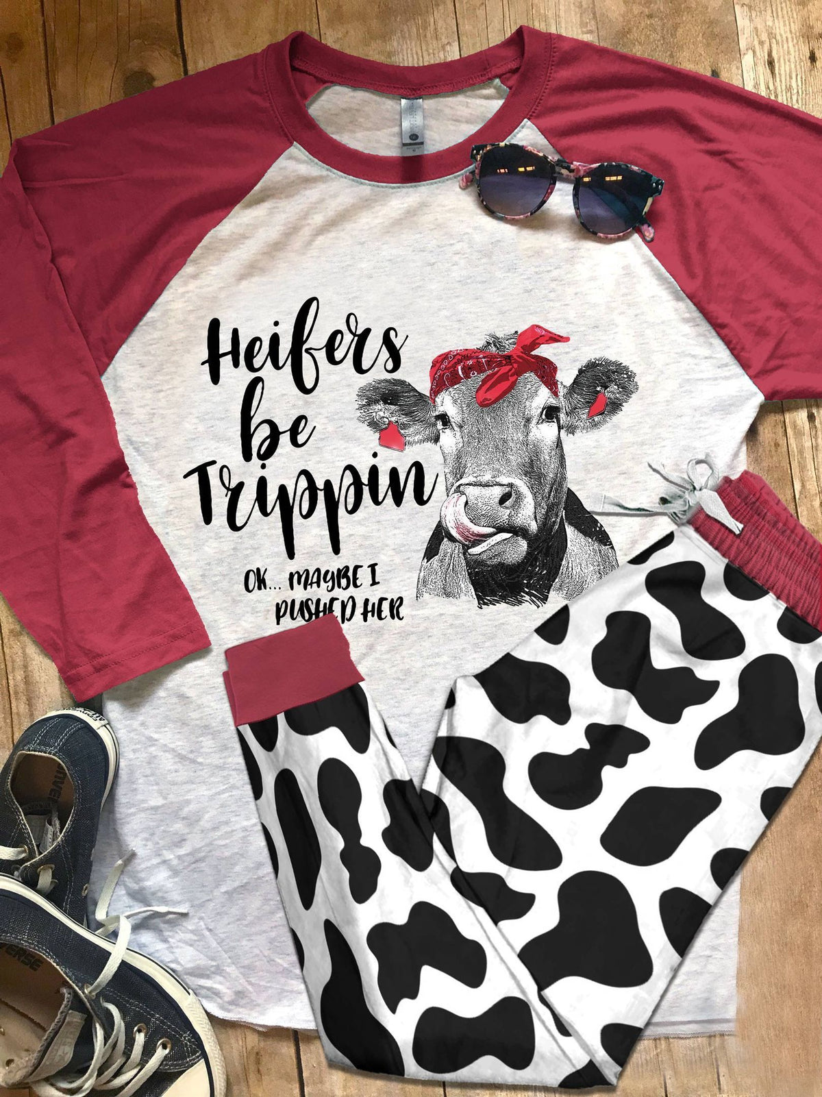 Cow Maroon High Quality Pajama Set |Sleepwear Pjs Sets | Raglan Shirt Pants Set