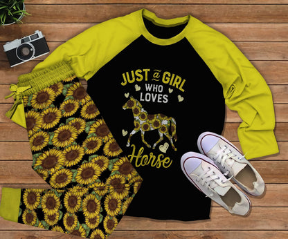Horse Girl Yellow High Quality Pajama Set |Sleepwear Pjs Sets | Raglan Shirt Pants Set