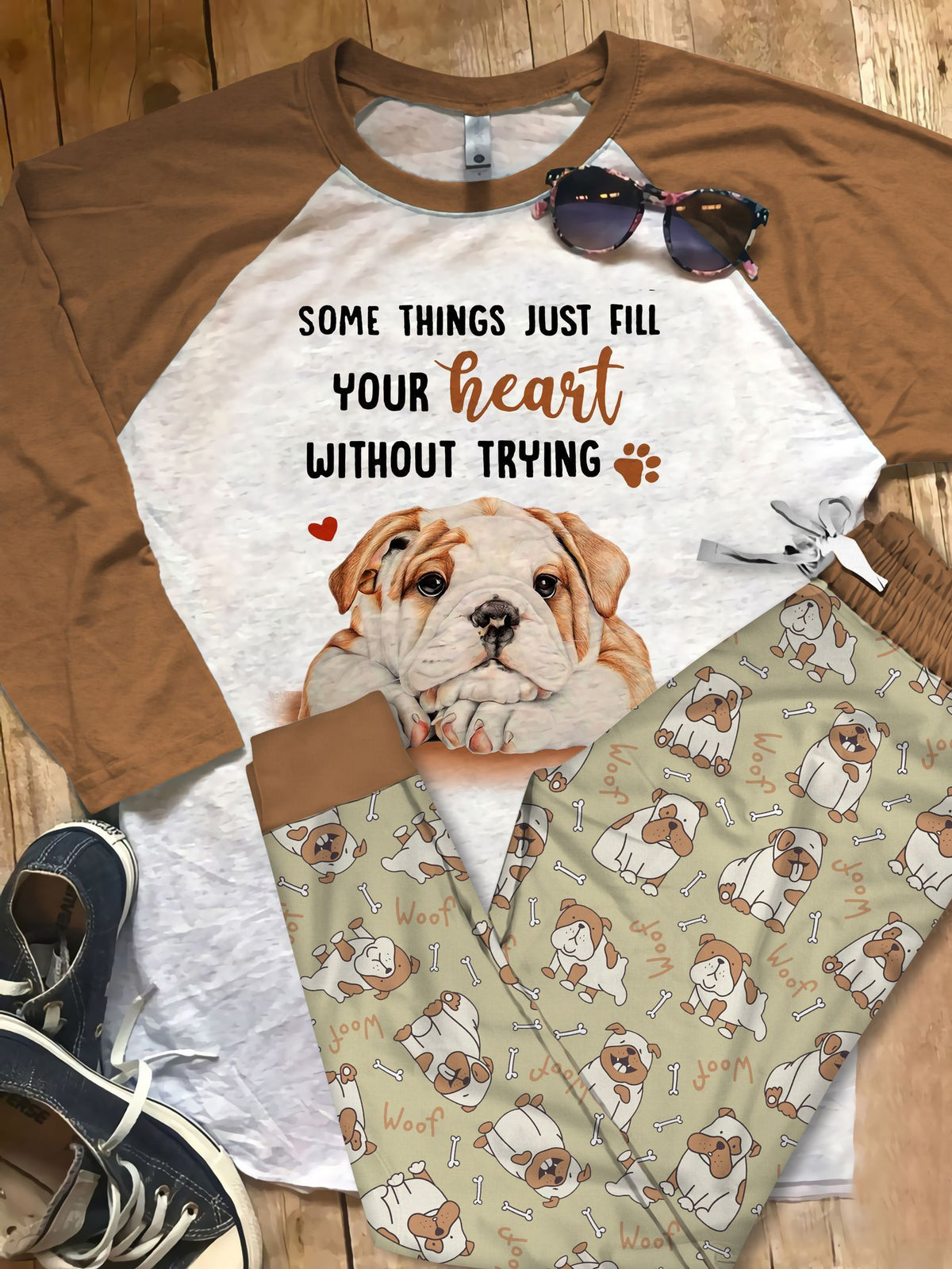 Bulldog Trying Pajama Set |Sleepwear Pjs Sets | Raglan Shirt Pants Set