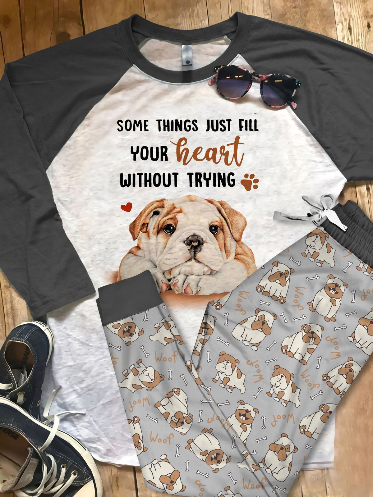 Bulldog Trying Pajama Set |Sleepwear Pjs Sets | Raglan Shirt Pants Set