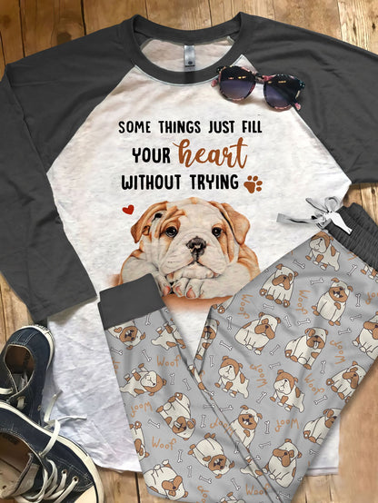 Bulldog Trying Pajama Set |Sleepwear Pjs Sets | Raglan Shirt Pants Set