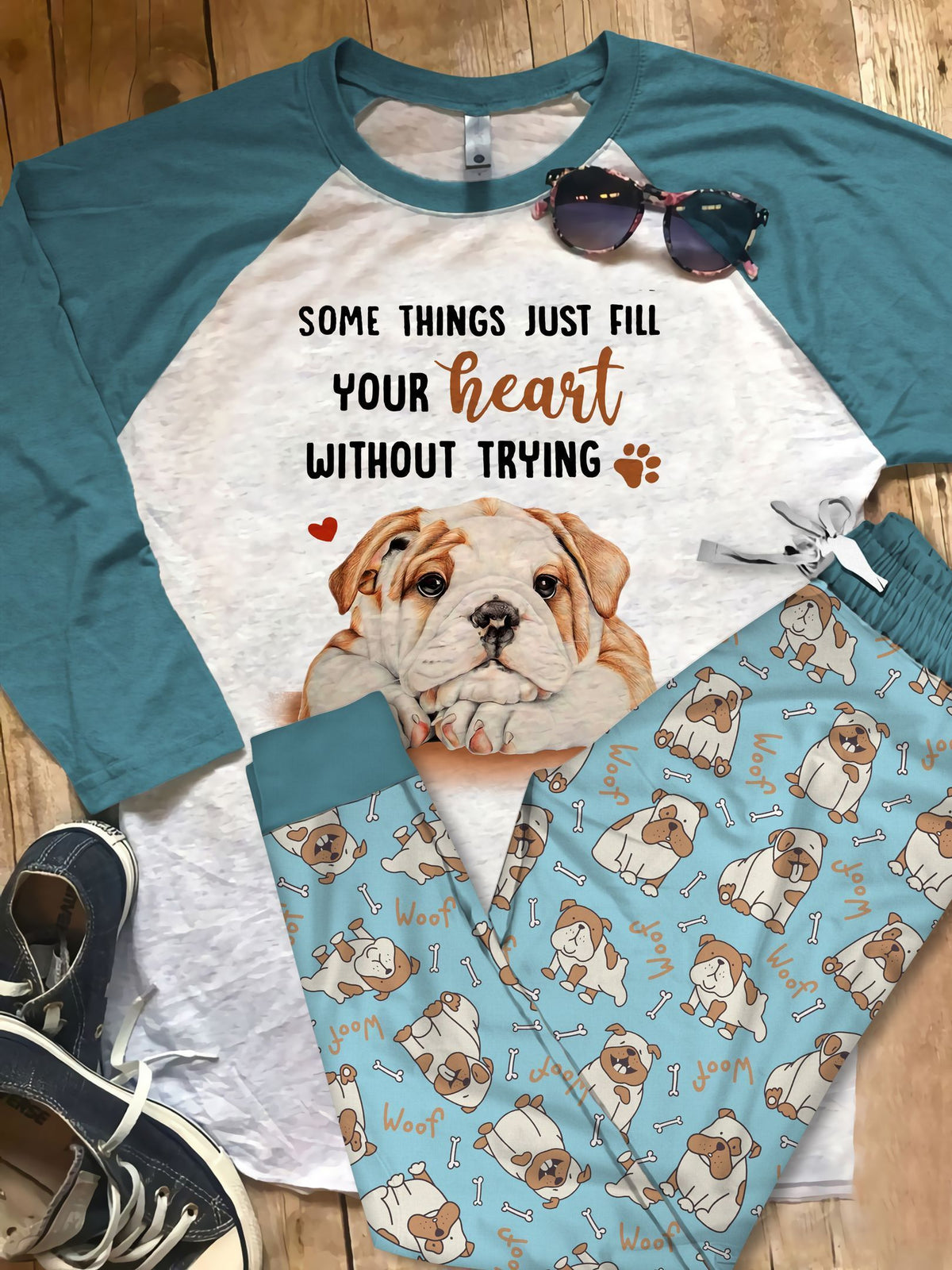Bulldog Trying Pajama Set |Sleepwear Pjs Sets | Raglan Shirt Pants Set