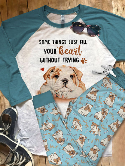 Bulldog Trying Pajama Set |Sleepwear Pjs Sets | Raglan Shirt Pants Set