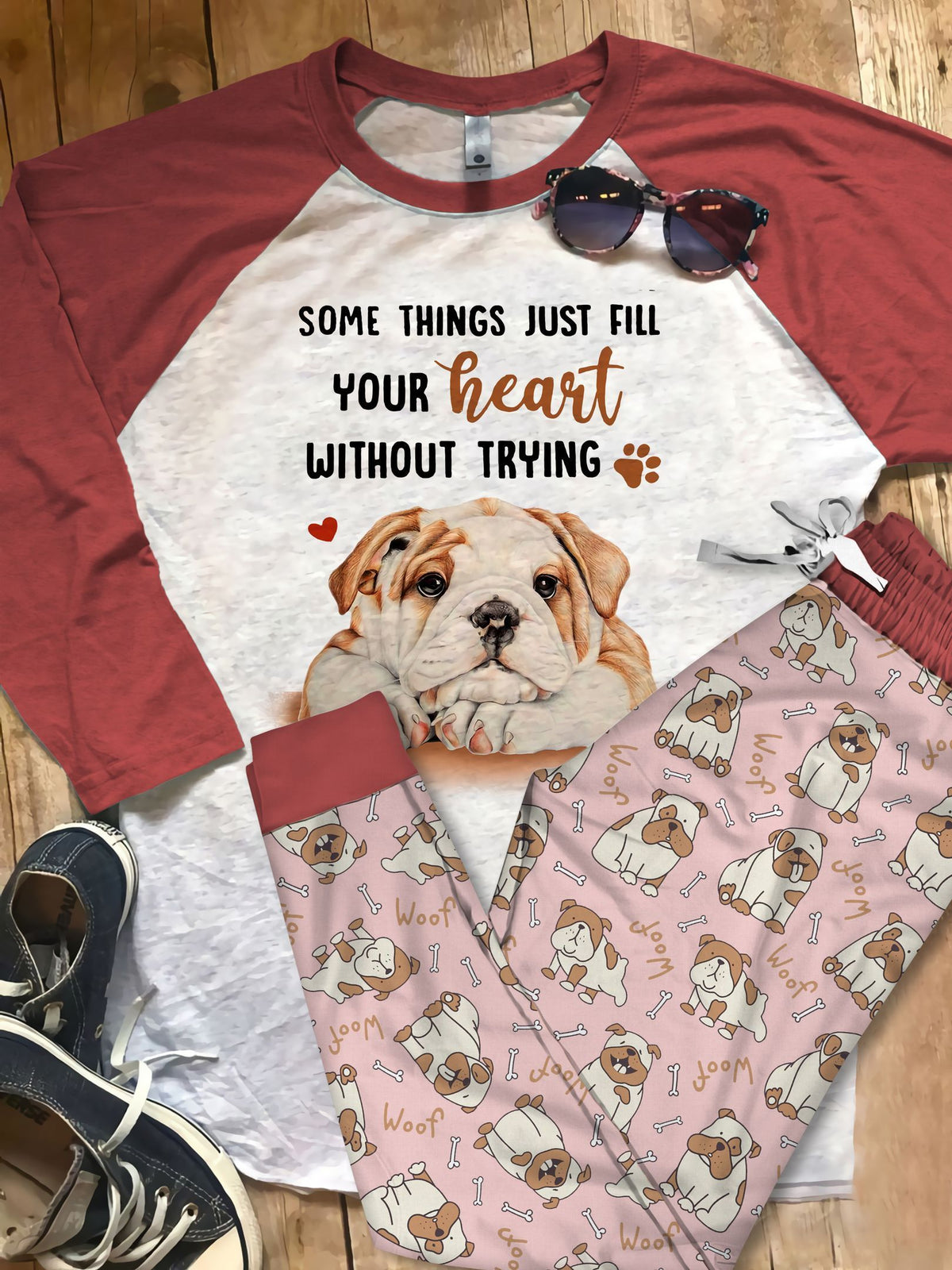 Bulldog Trying Pajama Set |Sleepwear Pjs Sets | Raglan Shirt Pants Set