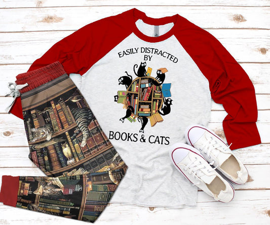 Cat Reading Easily Distracted By Books & Cats Pajama Set |Sleepwear Pjs Sets | Raglan Shirt Pants Set