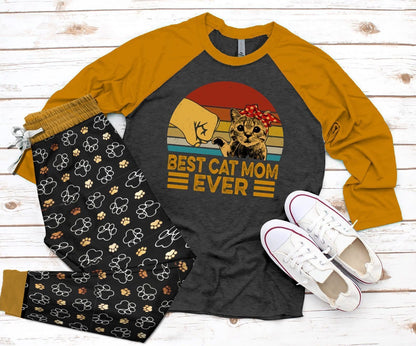 Cat Best Cat Mom Pajama Set |Sleepwear Pjs Sets | Raglan Shirt Pants Set