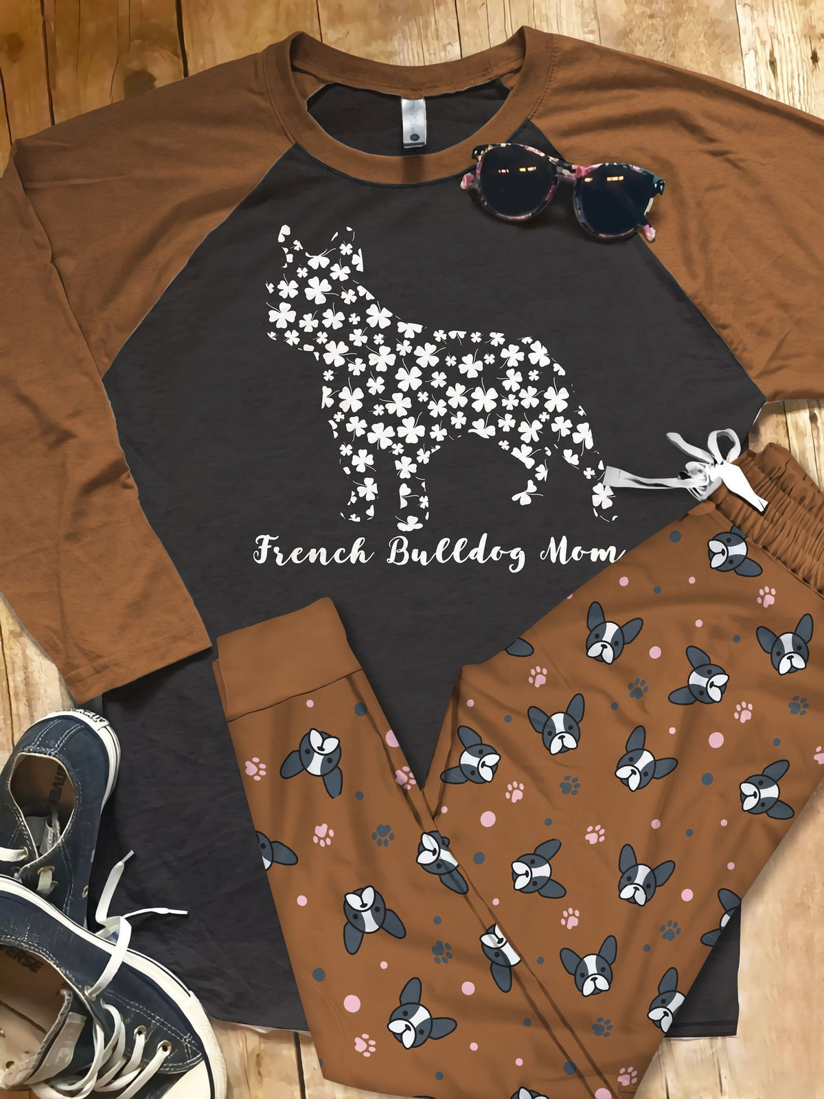 French Bulldog Mom Pajama Set |Sleepwear Pjs Sets | Raglan Shirt Pants Set