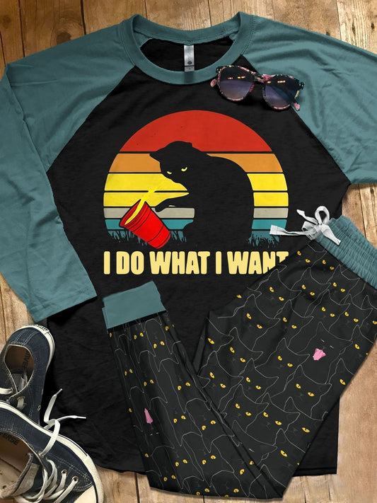 Black Cat Do What I Want Cadet Blue Awesome Pajama Set |Sleepwear Pjs Sets | Raglan Shirt Pants Set