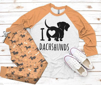 Dachshund I Love Dachshund Pajama Set |Sleepwear Pjs Sets | Raglan Shirt Pants Set