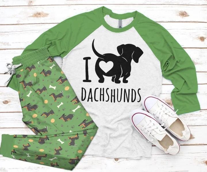 Dachshund I Love Dachshund Pajama Set |Sleepwear Pjs Sets | Raglan Shirt Pants Set