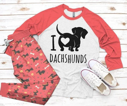 Dachshund I Love Dachshund Pajama Set |Sleepwear Pjs Sets | Raglan Shirt Pants Set