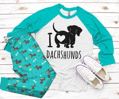 Dachshund I Love Dachshund Pajama Set |Sleepwear Pjs Sets | Raglan Shirt Pants Set