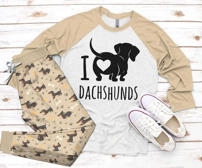 Dachshund I Love Dachshund Pajama Set |Sleepwear Pjs Sets | Raglan Shirt Pants Set