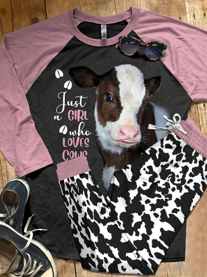 Cow Just A Girl Who Loves Cows Pajama Set |Sleepwear Pjs Sets | Raglan Shirt Pants Set