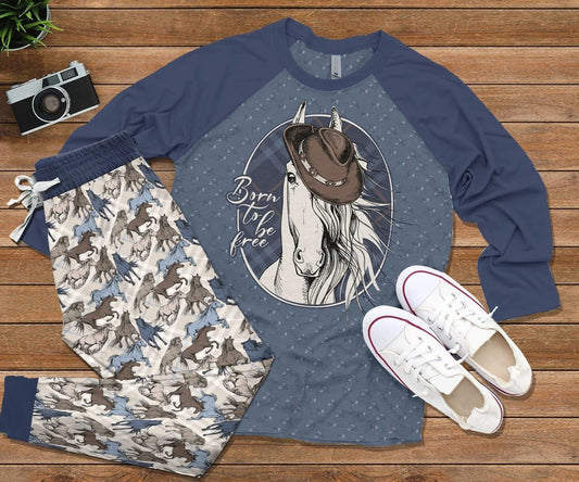 Horse Born To Be Free Pajama Set |Sleepwear Pjs Sets | Raglan Shirt Pants Set