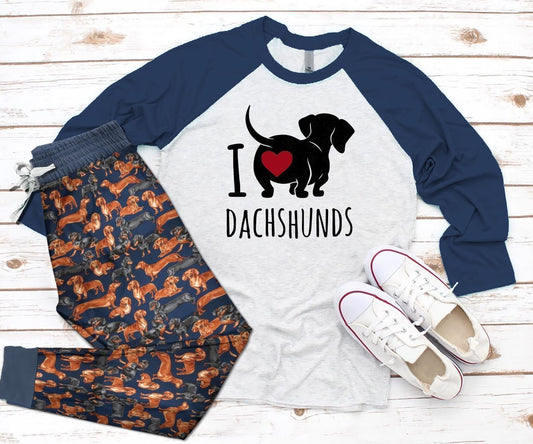 Dachshund I Love Dachshund Blue Nice Pajama Set |Sleepwear Pjs Sets | Raglan Shirt Pants Set