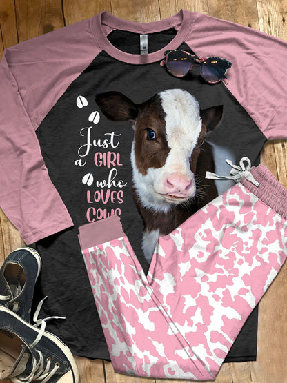 Cow Just A Girl Who Loves Cows Pajama Set |Sleepwear Pjs Sets | Raglan Shirt Pants Set