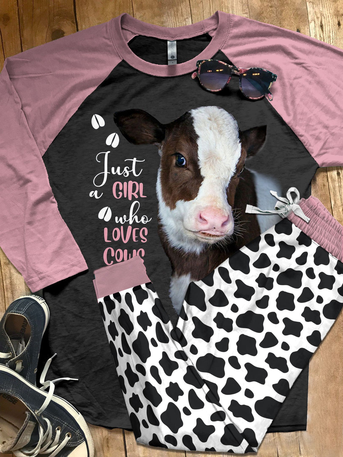 Cow Just A Girl Who Loves Cows Pajama Set |Sleepwear Pjs Sets | Raglan Shirt Pants Set