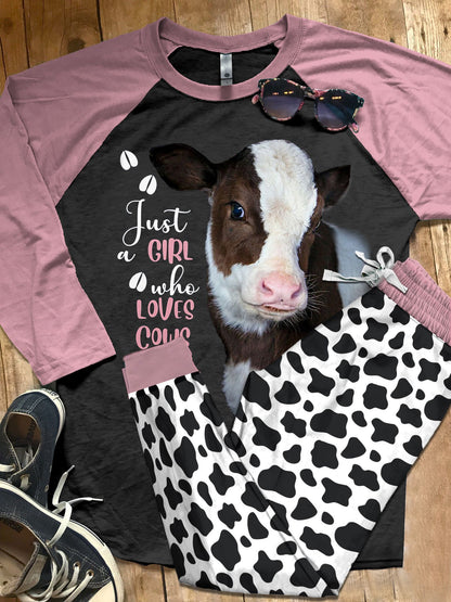 Cow Just A Girl Who Loves Cows Pajama Set |Sleepwear Pjs Sets | Raglan Shirt Pants Set