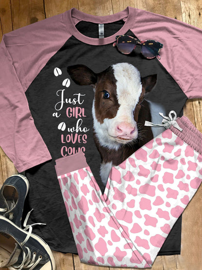Cow Just A Girl Who Loves Cows Pajama Set |Sleepwear Pjs Sets | Raglan Shirt Pants Set