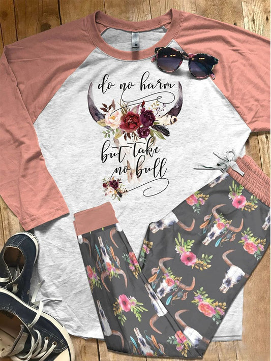Cowgirl Do No Harm Pink Nice Pajama Set |Sleepwear Pjs Sets | Raglan Shirt Pants Set