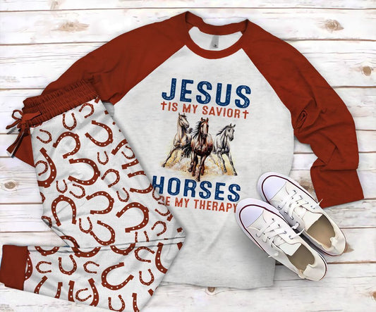 Horse My Therapy Pajama Set |Sleepwear Pjs Sets | Raglan Shirt Pants Set