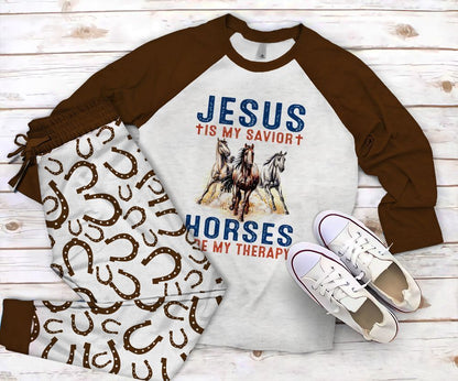Horse My Therapy Pajama Set |Sleepwear Pjs Sets | Raglan Shirt Pants Set