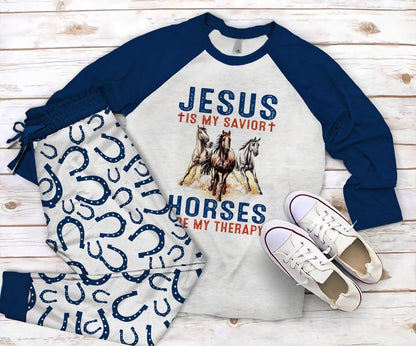 Horse My Therapy Pajama Set |Sleepwear Pjs Sets | Raglan Shirt Pants Set