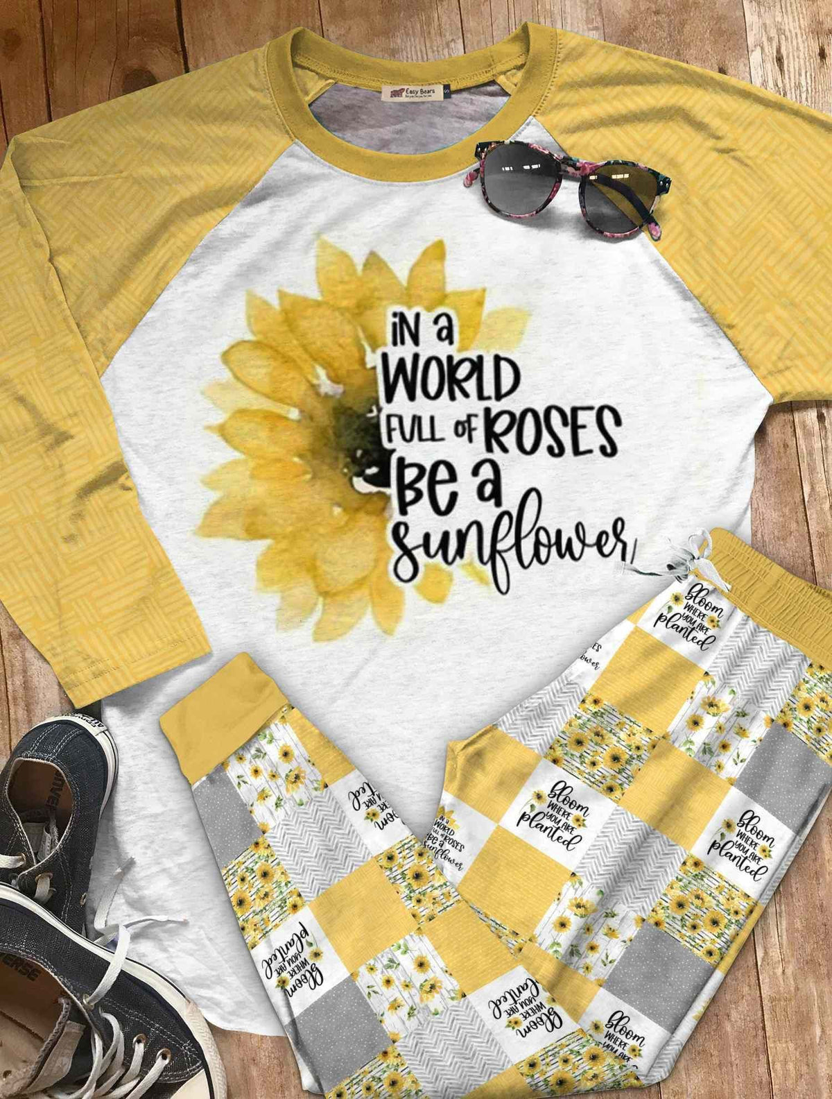 Hippie Set Be A Sunflower Pajama Set |Sleepwear Pjs Sets | Raglan Shirt Pants Set