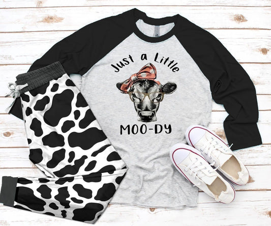Cow Moody Black Nice Pajama Set |Sleepwear Pjs Sets | Raglan Shirt Pants Set