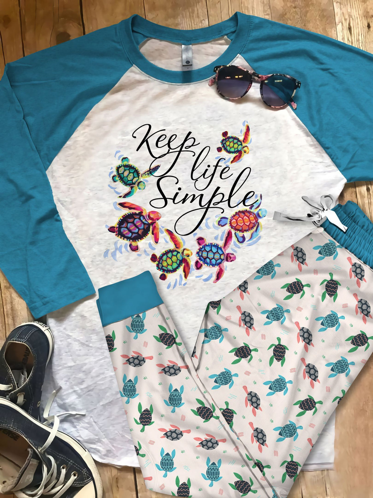 Sea Turtle Keep Life Simple Pajama Set |Sleepwear Pjs Sets | Raglan Shirt Pants Set