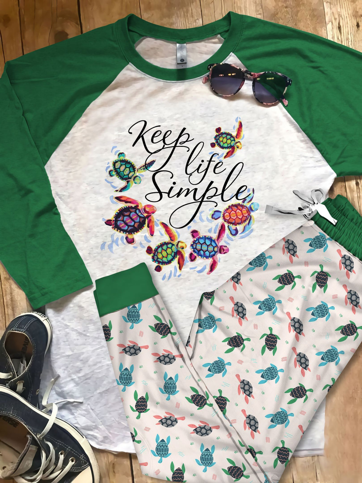 Sea Turtle Keep Life Simple Pajama Set |Sleepwear Pjs Sets | Raglan Shirt Pants Set