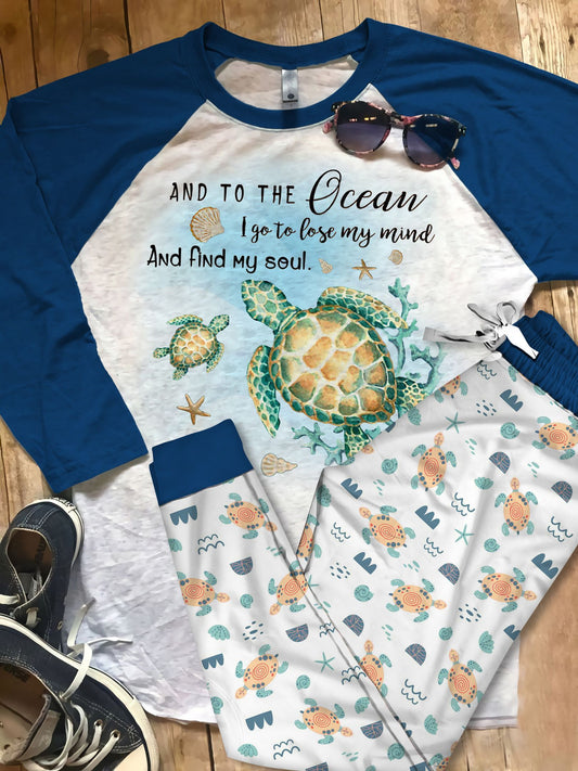 Sea Turtle Ocean Blue Best Pajama Set |Sleepwear Pjs Sets | Raglan Shirt Pants Set
