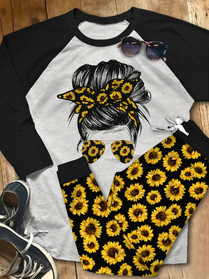 Hippie Set Sunflower Girl Pajama Set |Sleepwear Pjs Sets | Raglan Shirt Pants Set